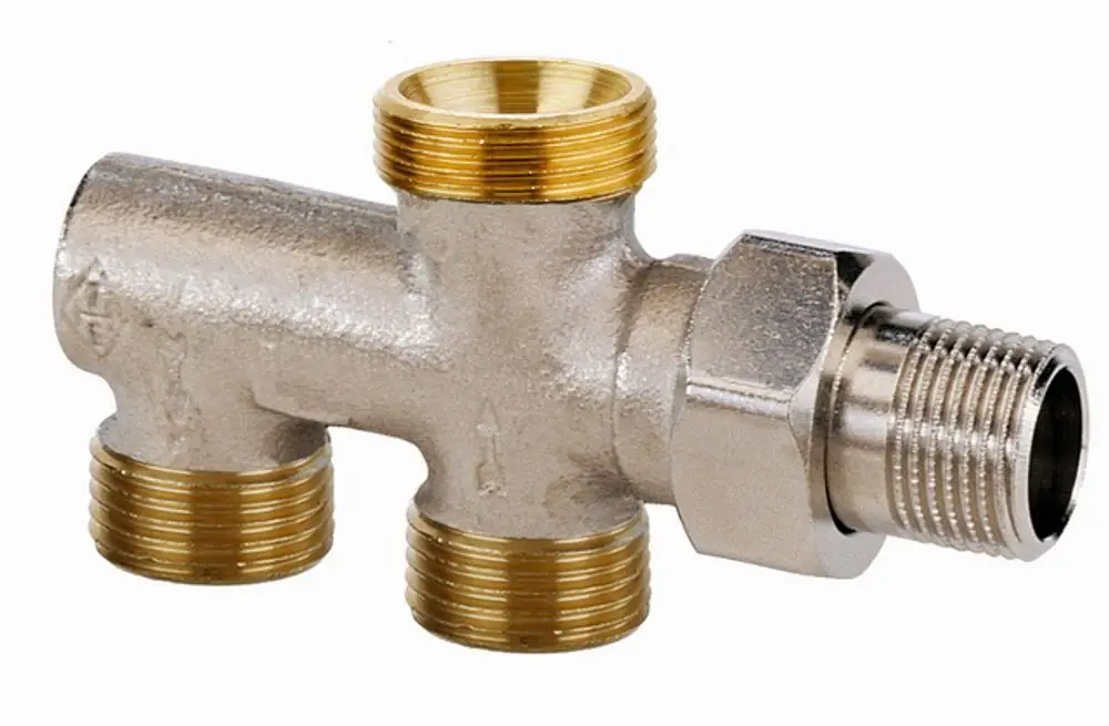 Zweirohrverteiler aus Metall mit mehreren Anschlüssen, gefertigt von IMI Hydronic Engineering, zur Verwendung in Heizungsanlagen im 2-Rohr-System.